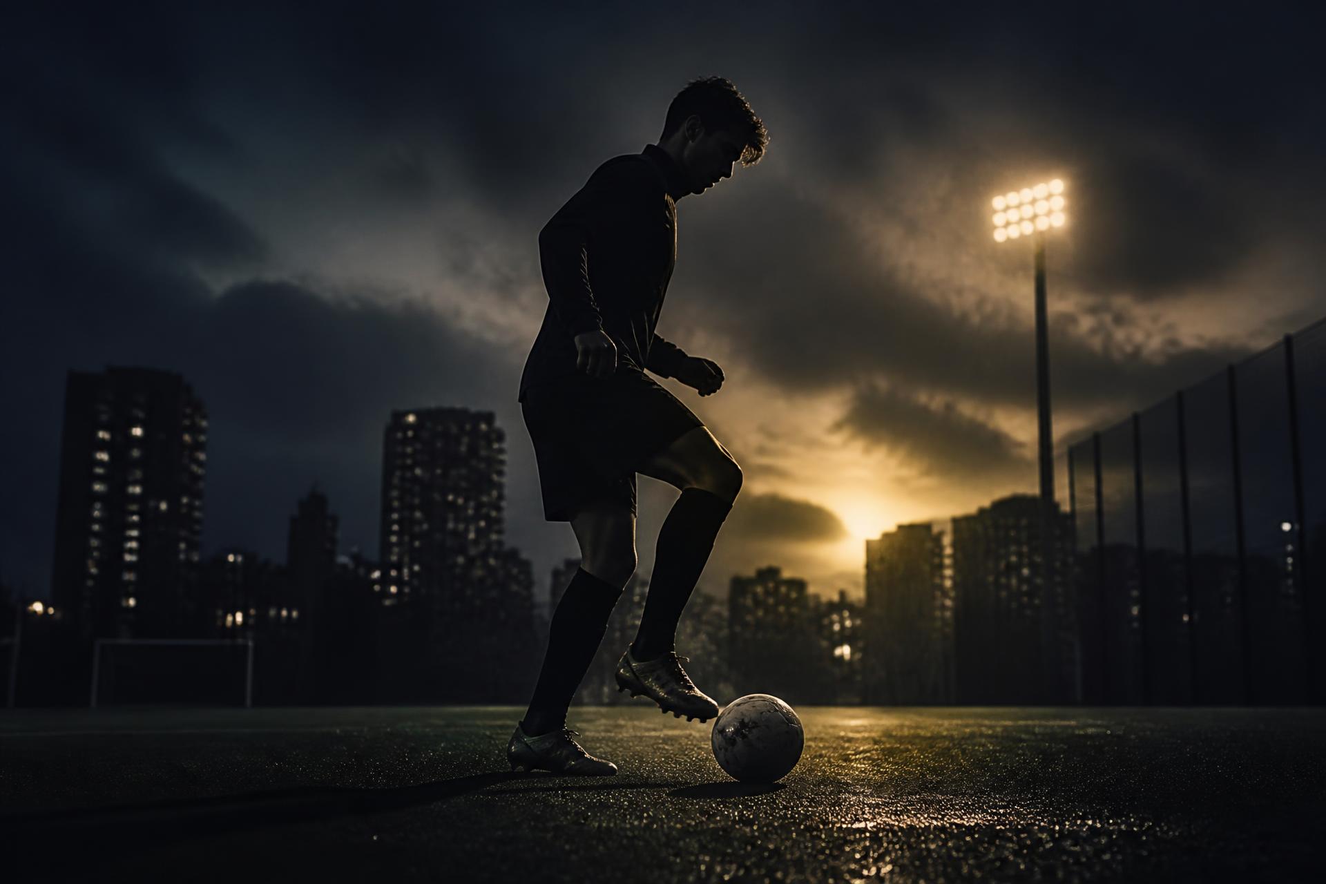 Voetballer traint bij zonsondergang op een stedelijk veld